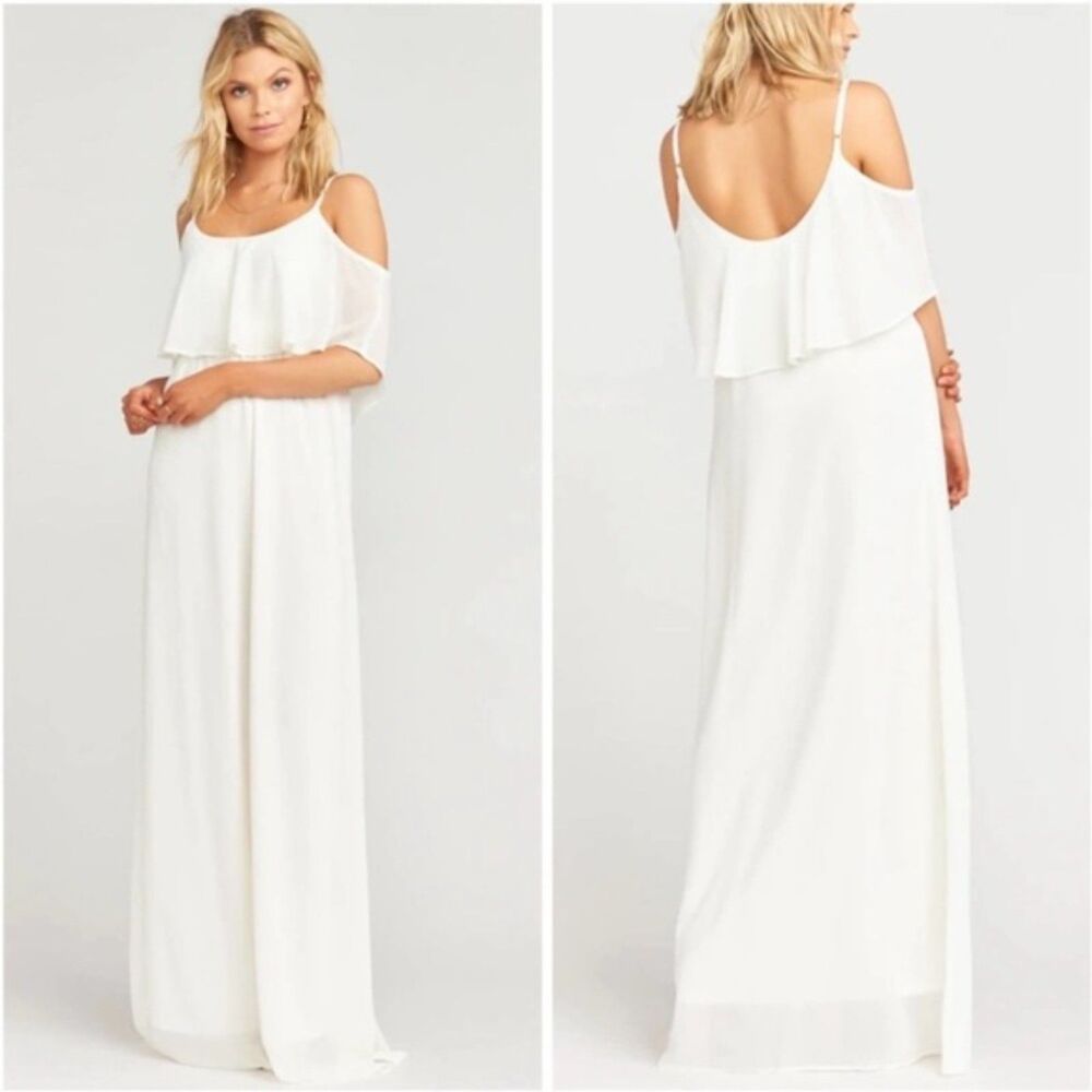 Show Me Your Mumu Caitlin Maxi Dress XS Cold Shoulder White Chiffon Wedding NWT